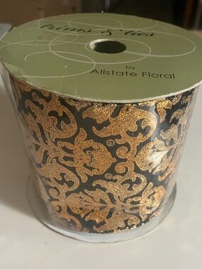 Black and Gold Damask Decor Ribbon 4” wide 10 yards